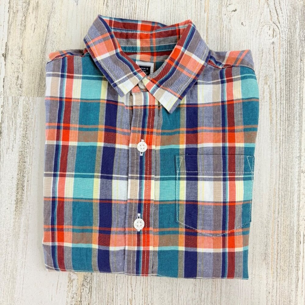 Janie and Jack Boys Sz 18 24 M Orange Plaid Button Down Long Sleeve Shirt
